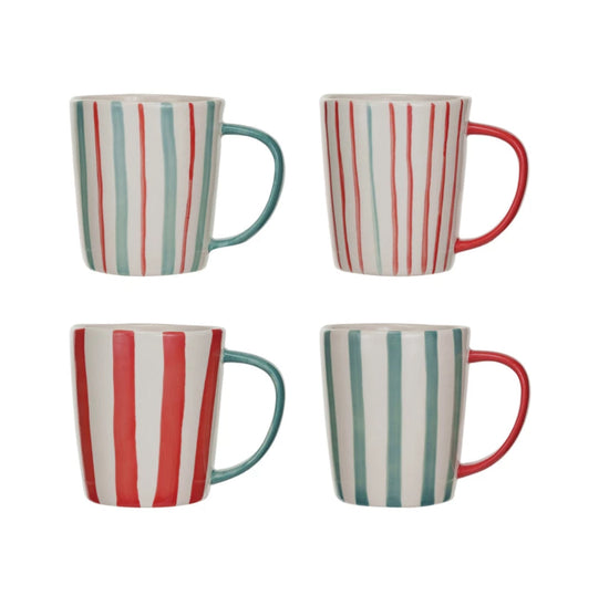 Hand-Painted Stoneware Mug - Red & White with 1 Aqua Stripe