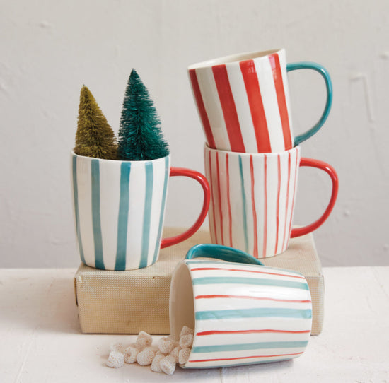 Hand-Painted Stoneware Mug - Red & White with 1 Aqua Stripe