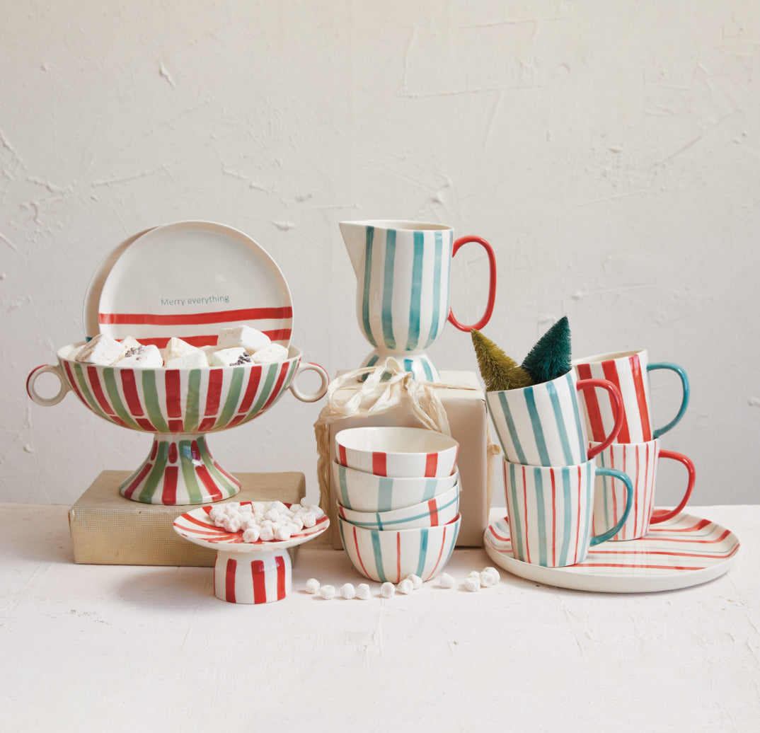 Hand-Painted Stoneware Mug - Red & White with 1 Aqua Stripe