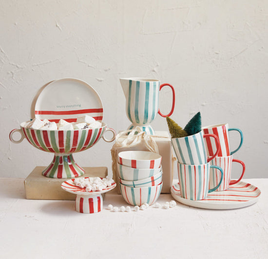 Hand-Painted Stoneware Mug - Red & White with 1 Aqua Stripe