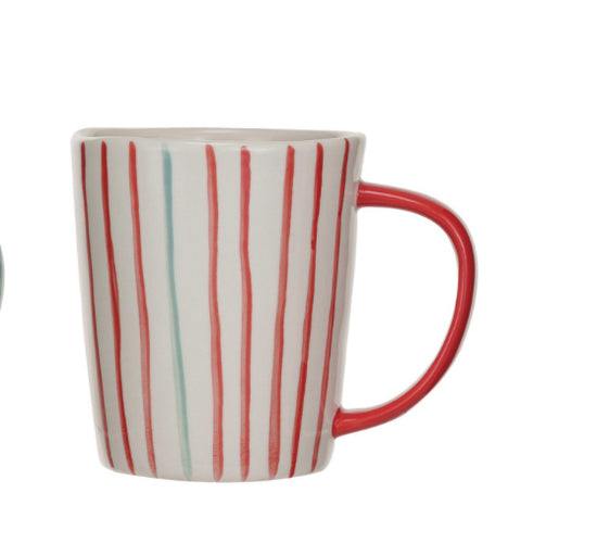 Hand-Painted Stoneware Mug - Red & White with 1 Aqua Stripe