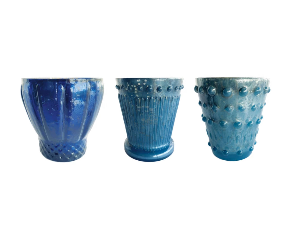 Embossed Recycled Mercury Glass Votive Holder - Blue with Grooves