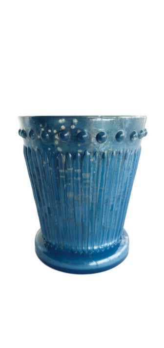 Embossed Mercury Glass Votive Holder - Blue with Hobnail Rim and Grooved Sides