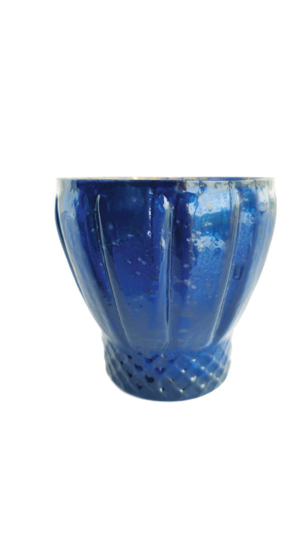 Embossed Recycled Mercury Glass Votive Holder - Blue with Grooves