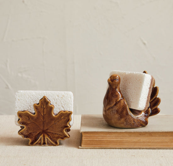 Stoneware Maple Leaf Shaped Sponge Holder with Sponge