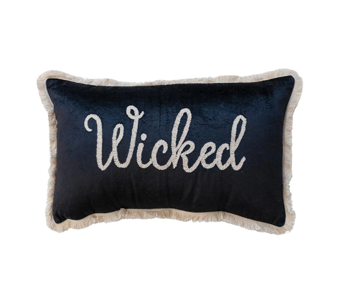 Cotton Velvet Lumbar Pillow with Embroidered "Wicked"