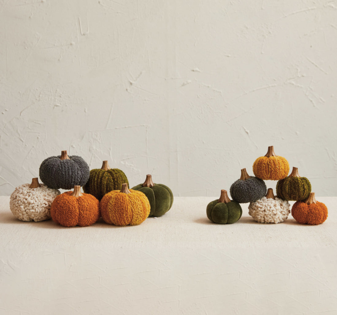 Cotton Blend Bouclé/Velvet Pumpkin with Wood Stem - Small