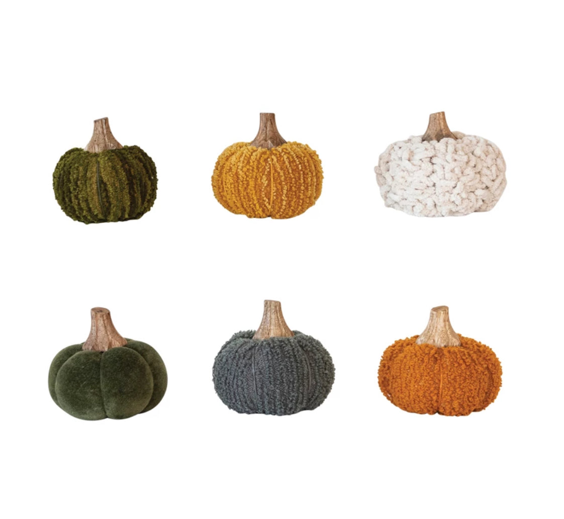 Cotton Blend Bouclé/Velvet Pumpkin with Wood Stem - Small