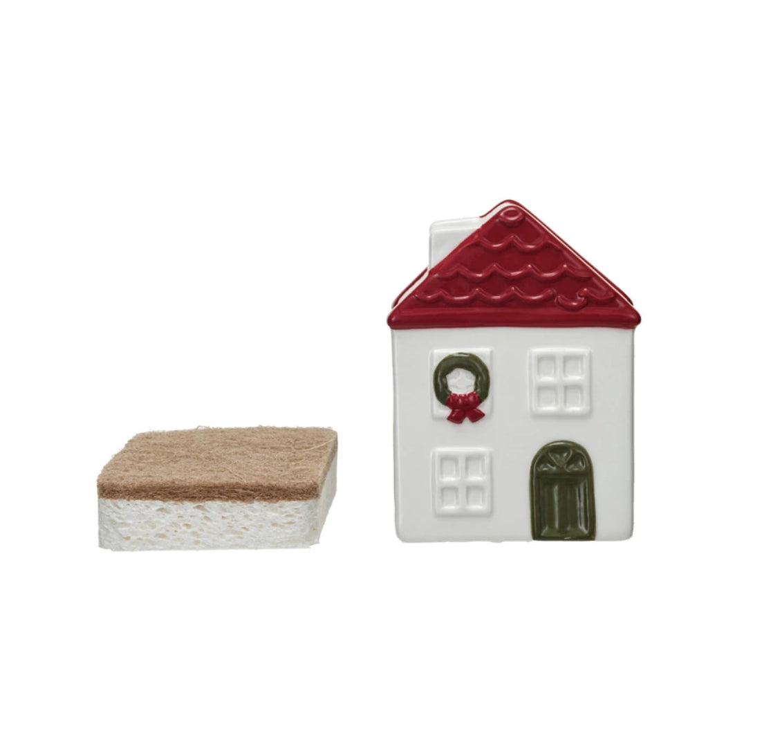 Stoneware House Shaped Sponge Holder with Sponge
