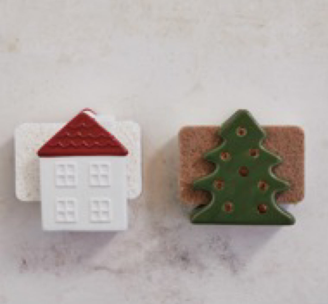 Stoneware House Shaped Sponge Holder with Sponge