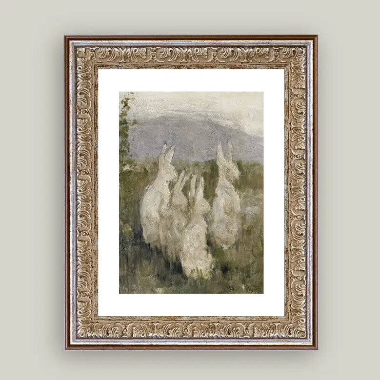 Bunnies in a Field Framed Antique Art Print