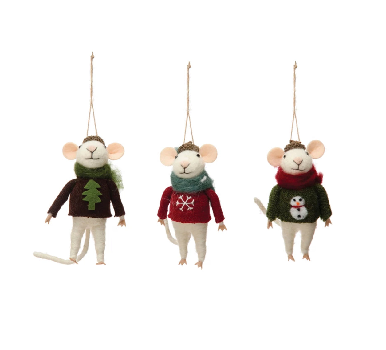 Wool Felt Mouse in Sweater Holiday Ornament - Green with Snowman