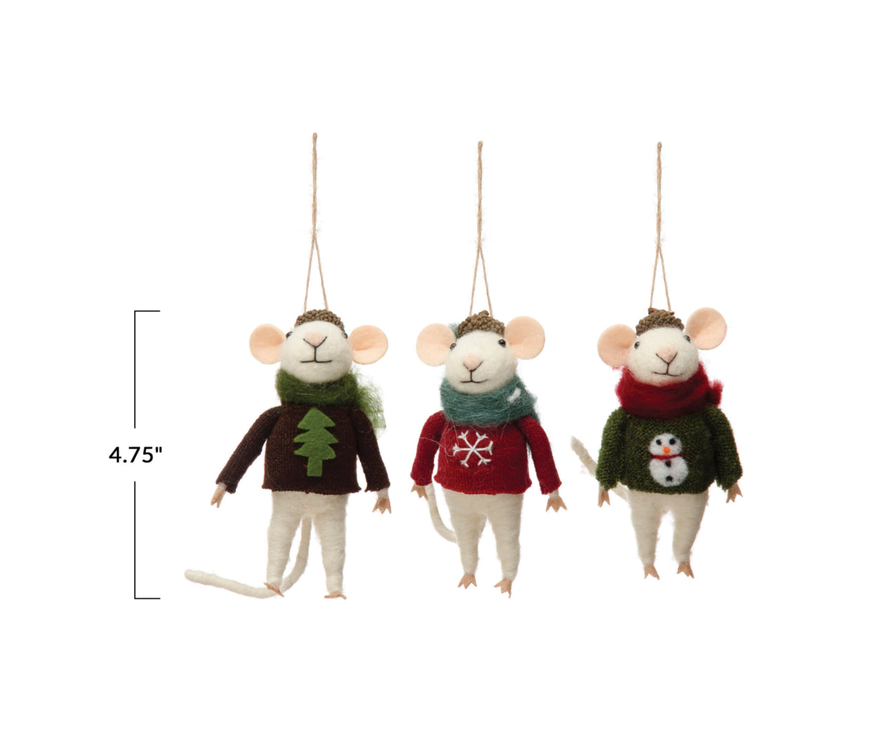 Wool Felt Mouse in Sweater Holiday Ornament - Brown with Tree