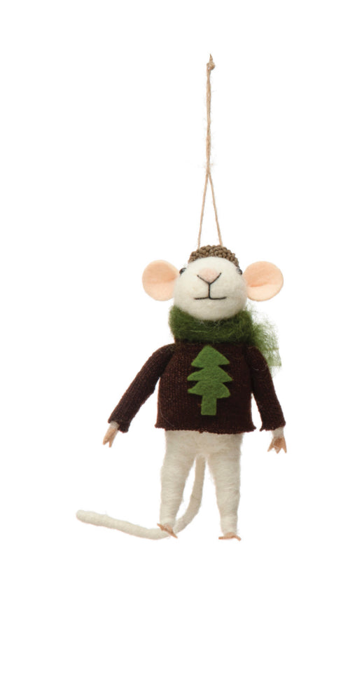 Wool Felt Mouse in Sweater Holiday Ornament - Brown with Tree