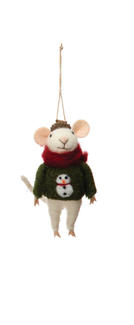 Wool Felt Mouse in Sweater Holiday Ornament - Green with Snowman