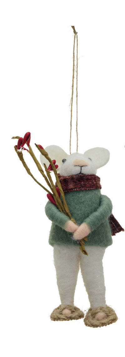 Wool Felt Mouse in Winter Outfit Holiday Ornament - Green Sweater with FIrewood