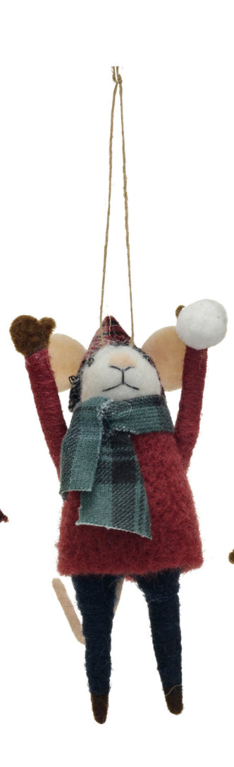 Wool Felt Mouse in Winter Outfit Holiday Ornament - Red Sweater with Snowball