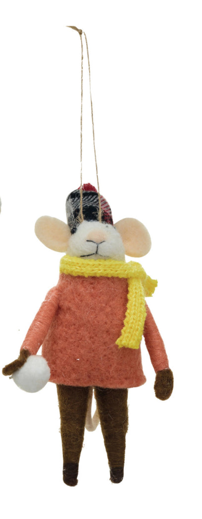 Wool Felt Mouse in Winter Outfit Holiday Ornament - Orange Sweater with Snowball