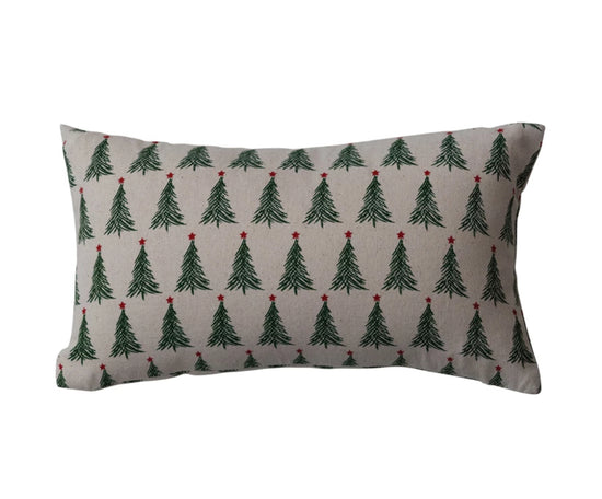 Stonewashed Cotton Printed Lumbar Pillow - Christmas Tree Pattern