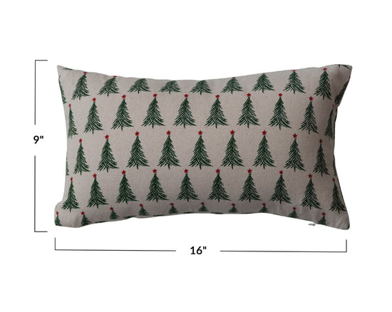 Stonewashed Cotton Printed Lumbar Pillow - Christmas Tree Pattern