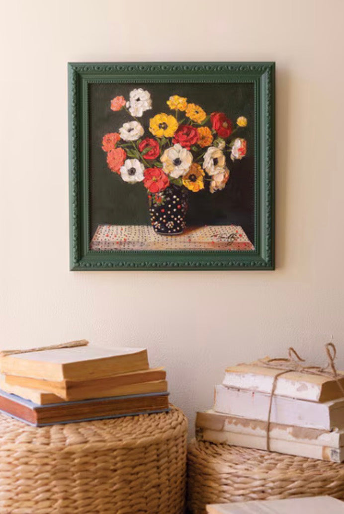 Still Life Flowers Painting with Green Frame