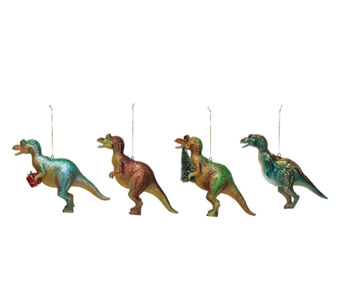 Dinosaur with Glitter Holiday Ornament - Green/Gold Carrying Tree