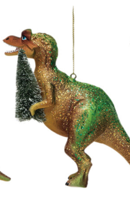 Dinosaur with Glitter Holiday Ornament - Green/Gold Carrying Tree