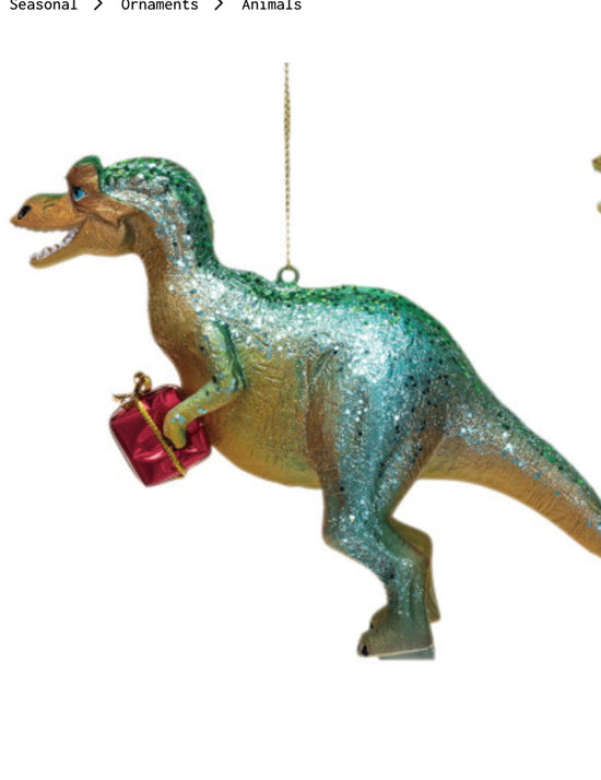 Dinosaur with Glitter Holiday Ornament - Blue with Gift