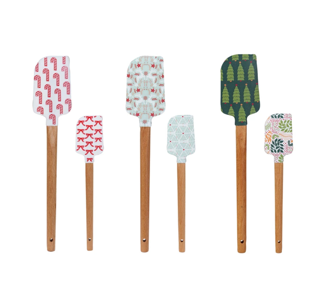 Silicone & Wood Spatula with Holiday Pattern - Large Candy Cane