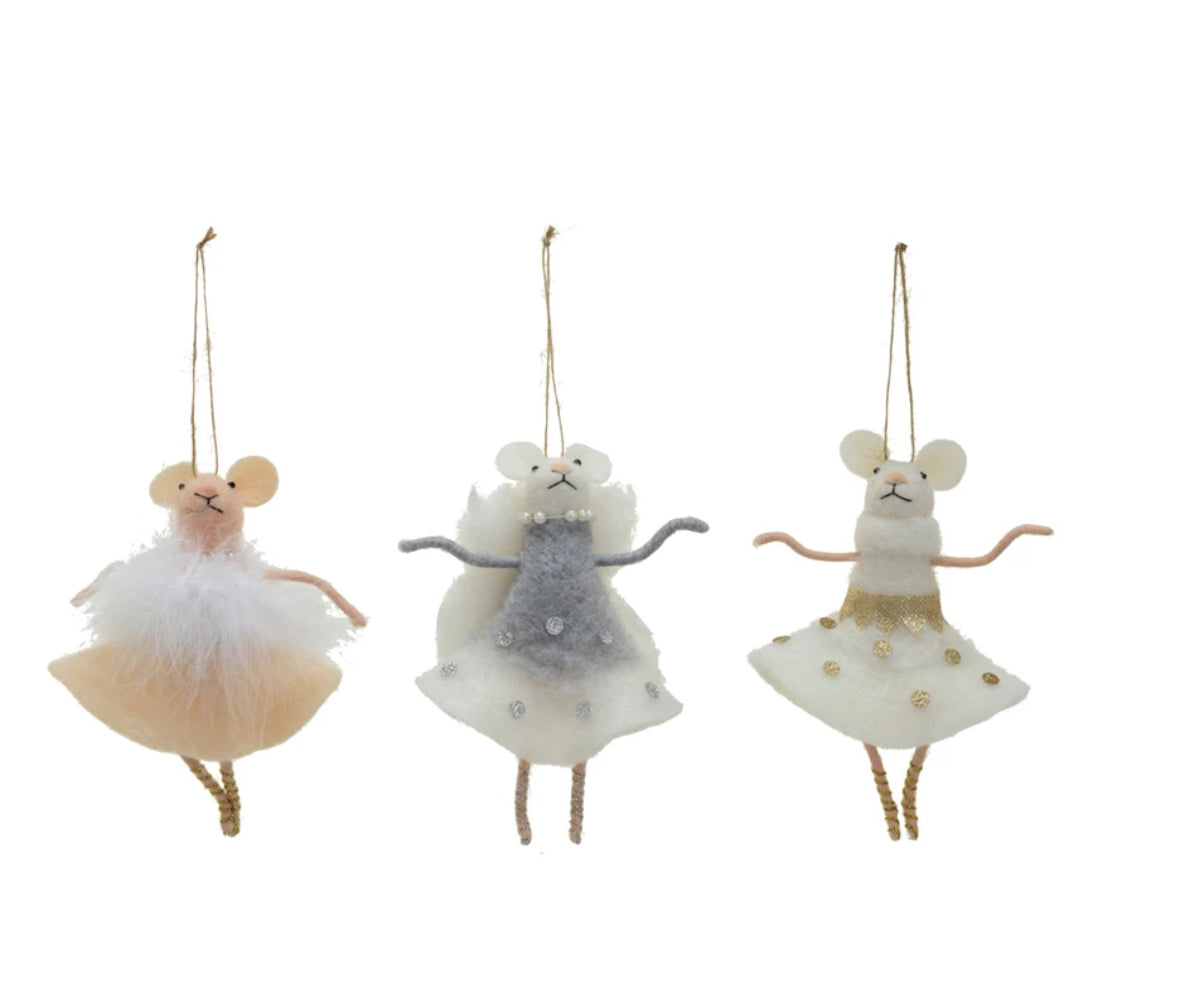 Handmade Wool Felt Ballerina Mouse Holiday Ornament - Grey