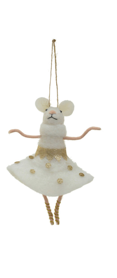 Handmade Wool Felt Ballerina Mouse Holiday Ornament - Gold