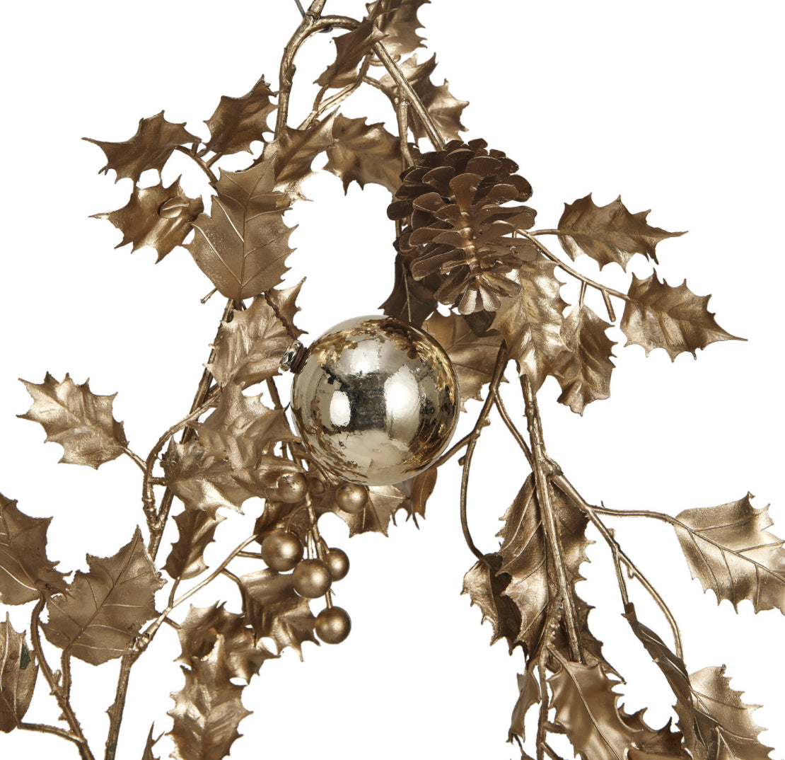 Faux Holly Garland with Pinecones Gold Color