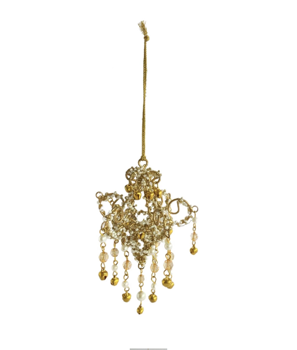 Handmade Beaded Chandelier Holiday Ornament, Gold Finish