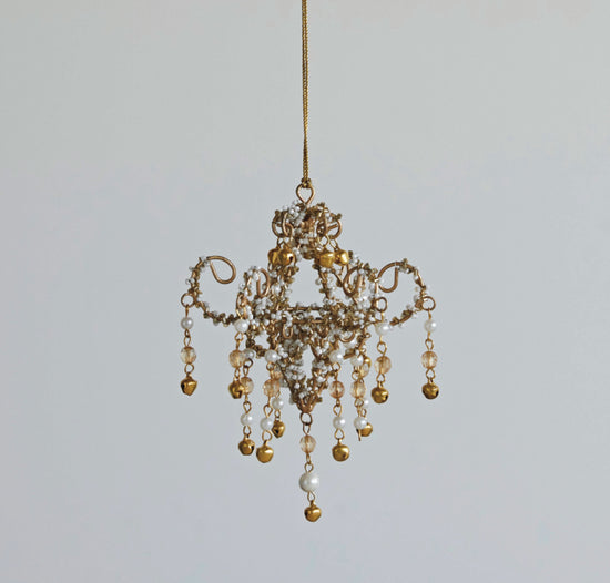 Handmade Beaded Chandelier Holiday Ornament, Gold Finish