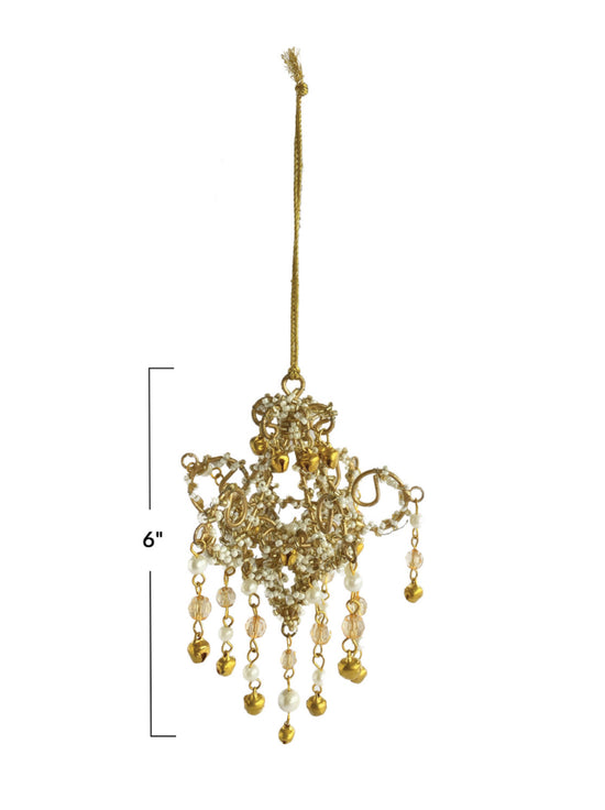 Handmade Beaded Chandelier Holiday Ornament, Gold Finish