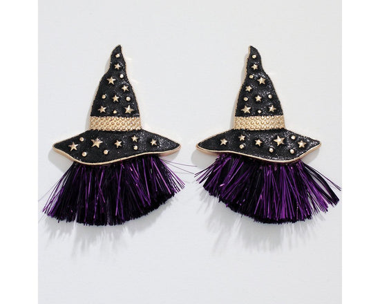 Witch Hat with Stars and Purple Fringe Earrings