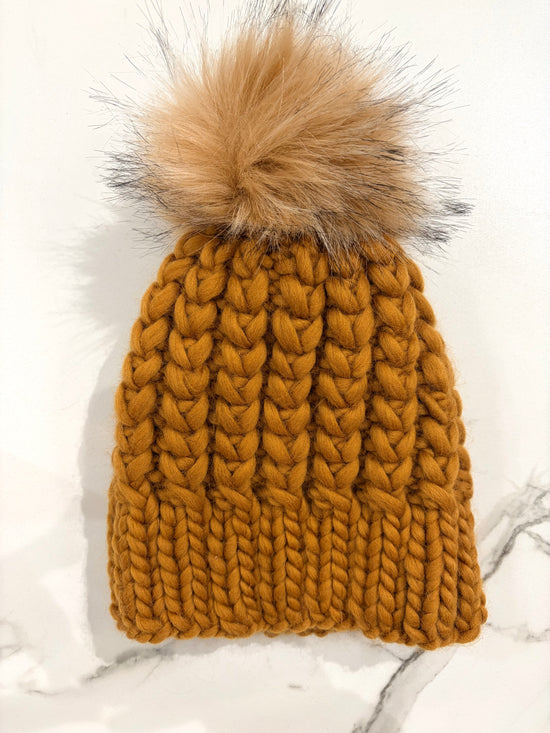 Hand-Knit Pom Hat - Mustard with Taupe Pom