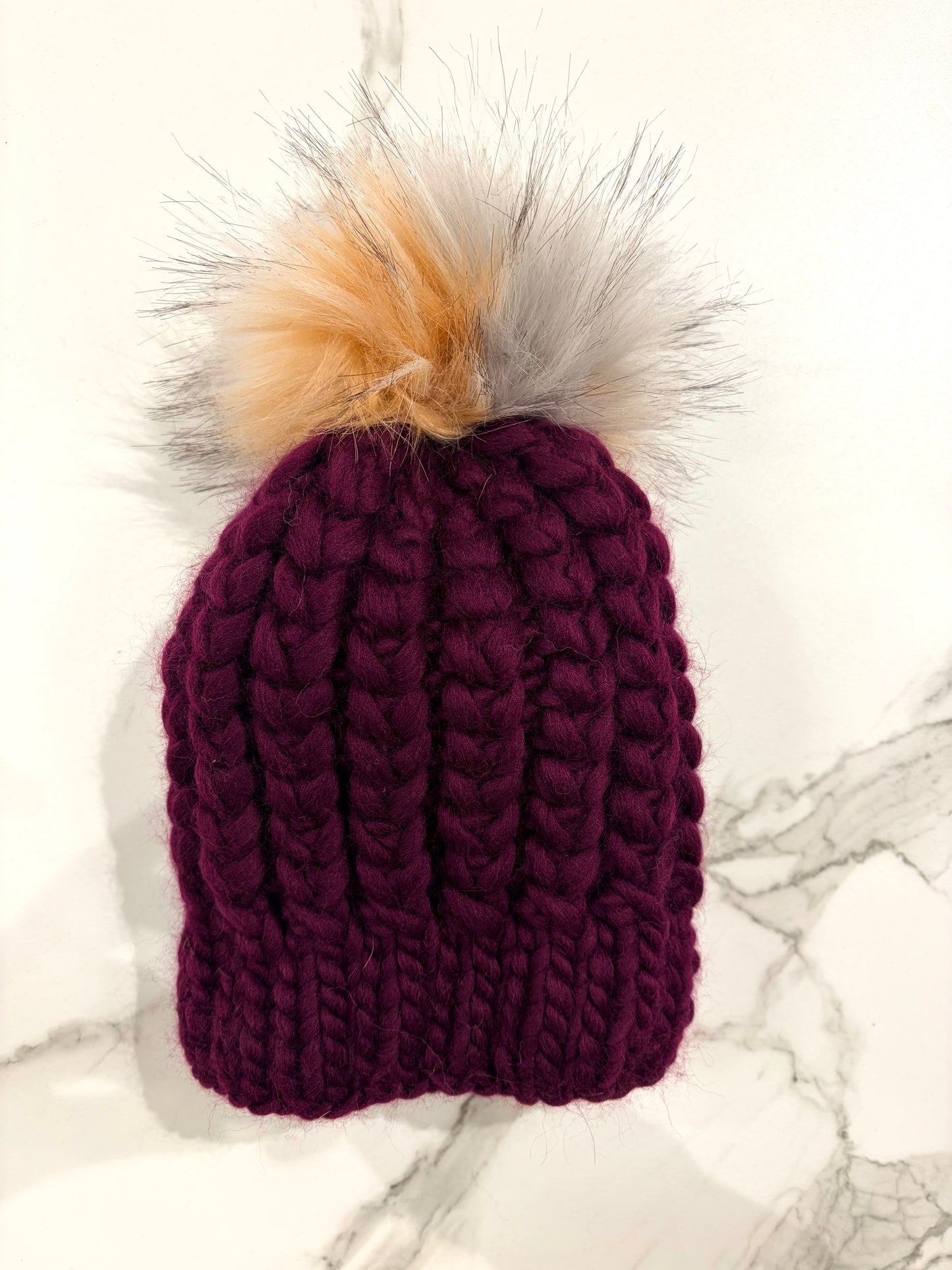 Hand-Knit Pom Hat - Burgundy with Cream Pom