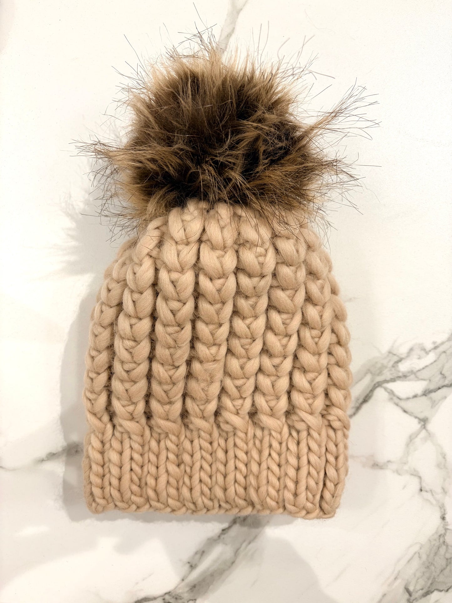 Hand-Knit Pom Hat - Cream with Brown Pom