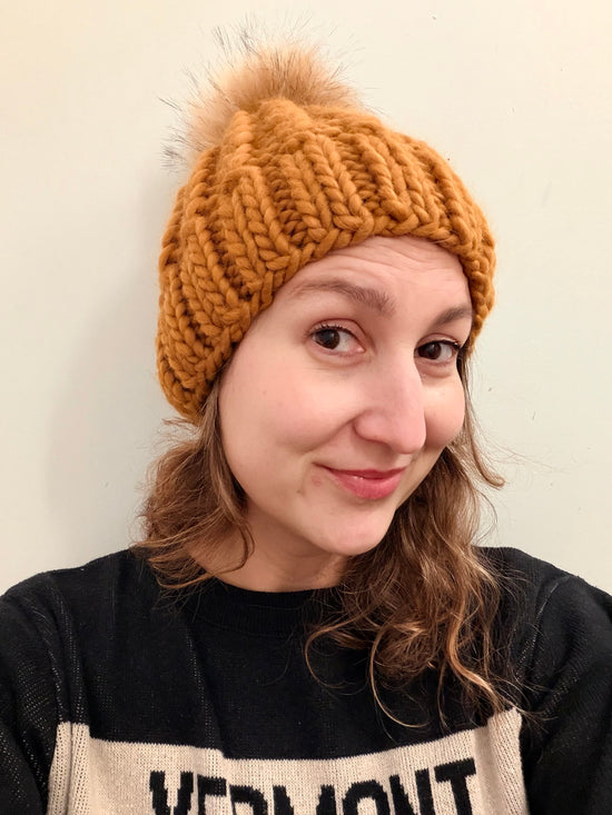 Hand-Knit Pom Hat - Mustard with Taupe Pom