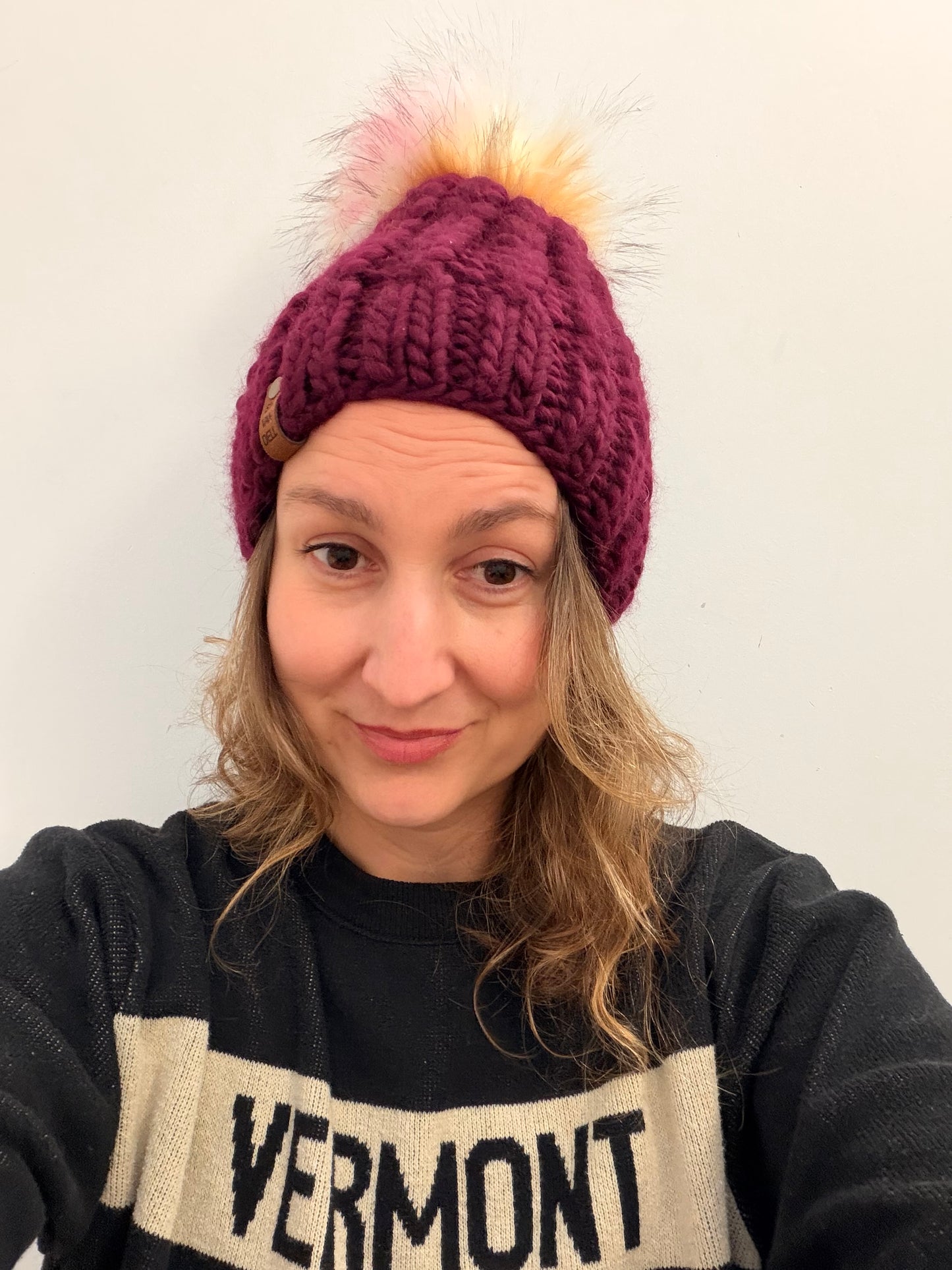 Hand-Knit Pom Hat - Burgundy with Cream Pom
