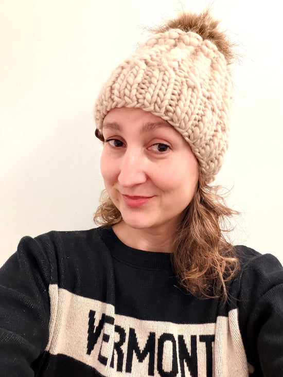 Hand-Knit Pom Hat - Cream with Brown Pom