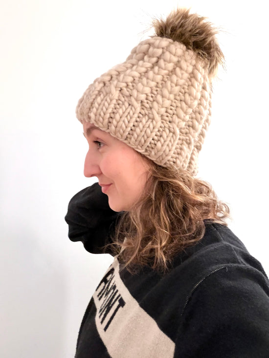 Hand-Knit Pom Hat - Cream with Brown Pom