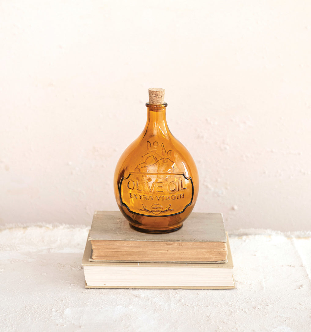 Embossed Recycled Glass Bottle with Cork Stopper "Olive Oil Extra Virgin" - Amber