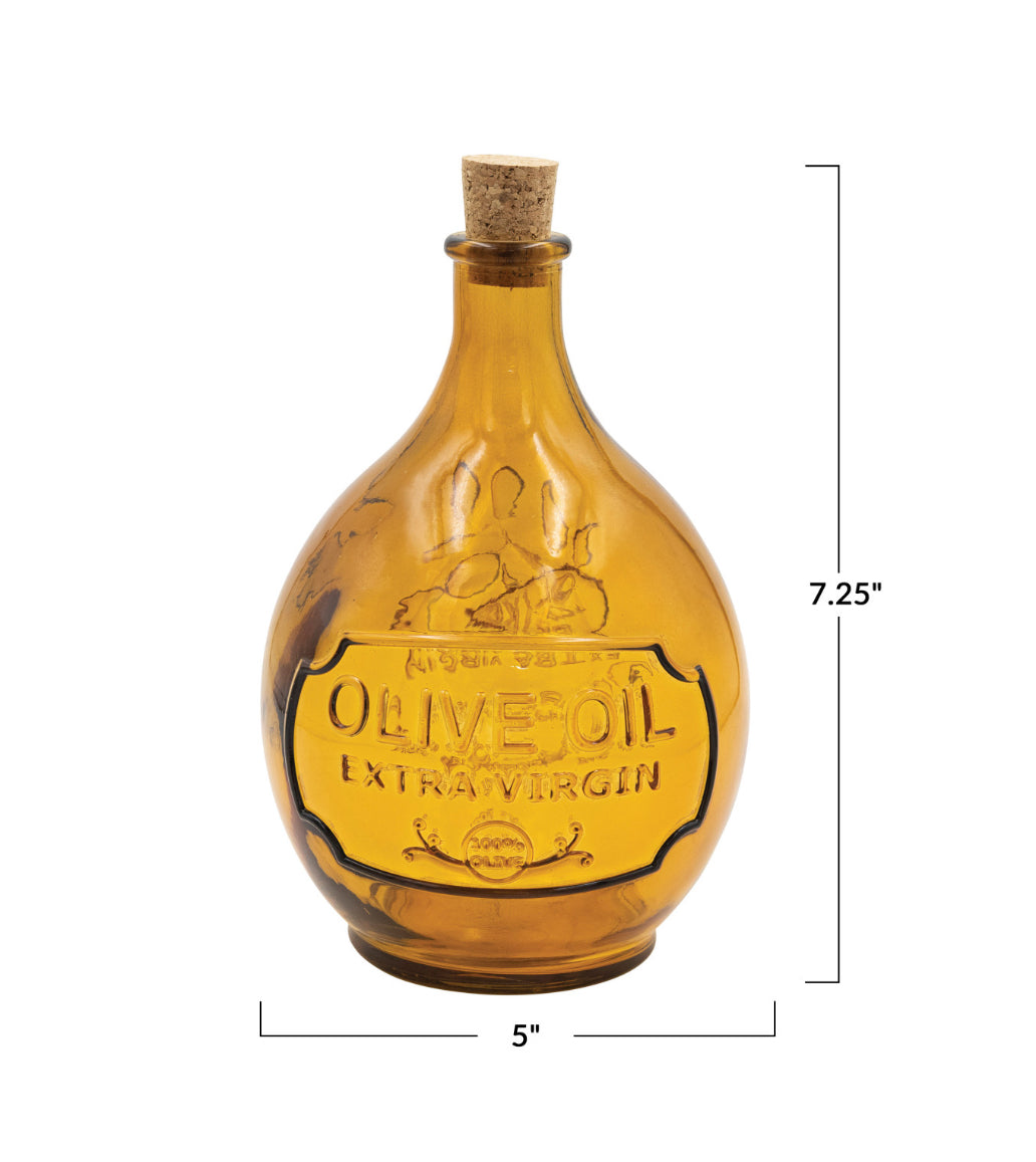 Embossed Recycled Glass Bottle with Cork Stopper "Olive Oil Extra Virgin" - Amber