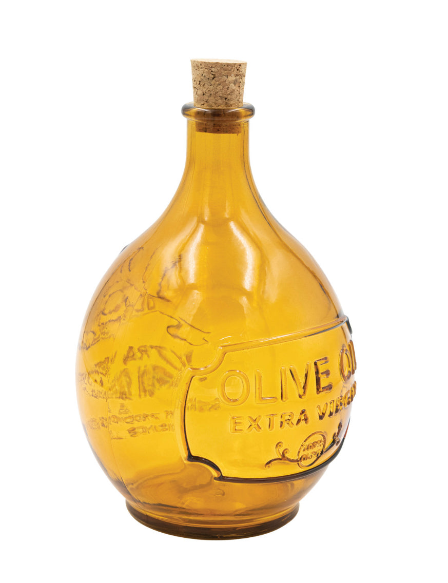 Embossed Recycled Glass Bottle with Cork Stopper "Olive Oil Extra Virgin" - Amber