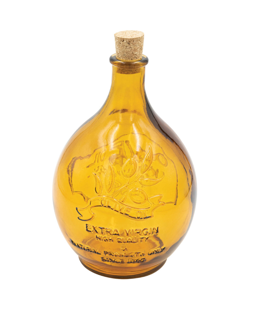 Embossed Recycled Glass Bottle with Cork Stopper "Olive Oil Extra Virgin" - Amber