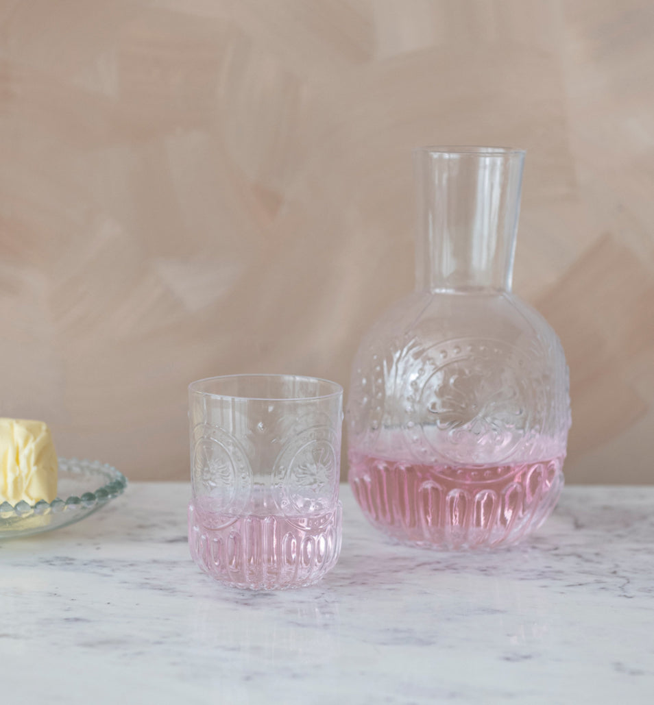 Embossed Glass Carafe with Matching Drinking Glass