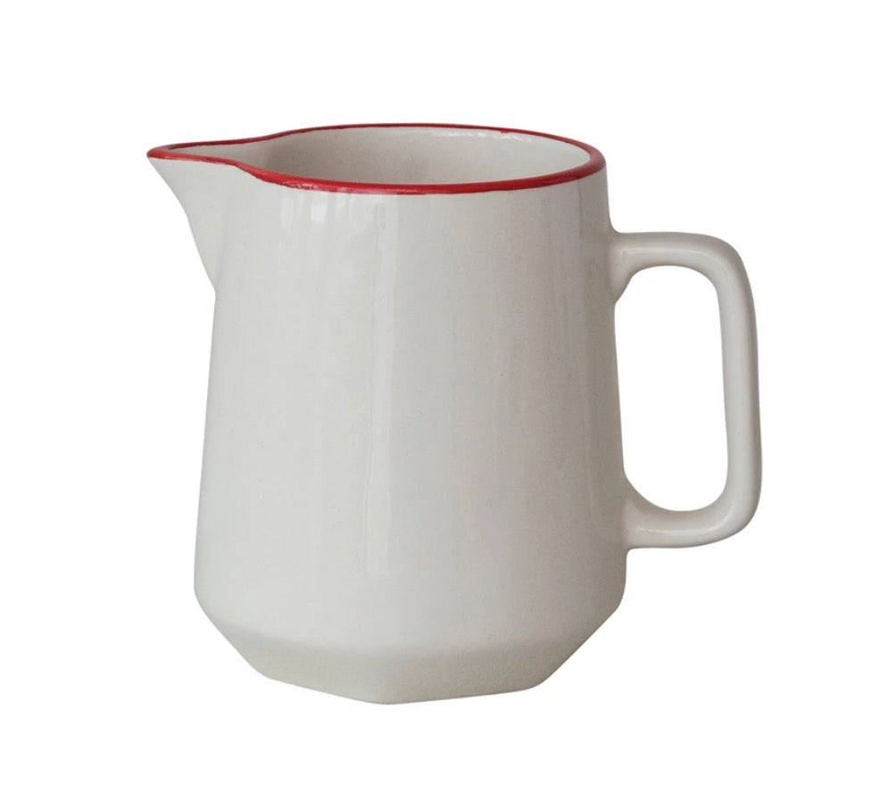 Stoneware Pitcher with Red Rim