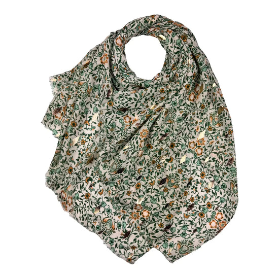 Summer Flowers Print Scarf with Gold & Silver Patches - Green